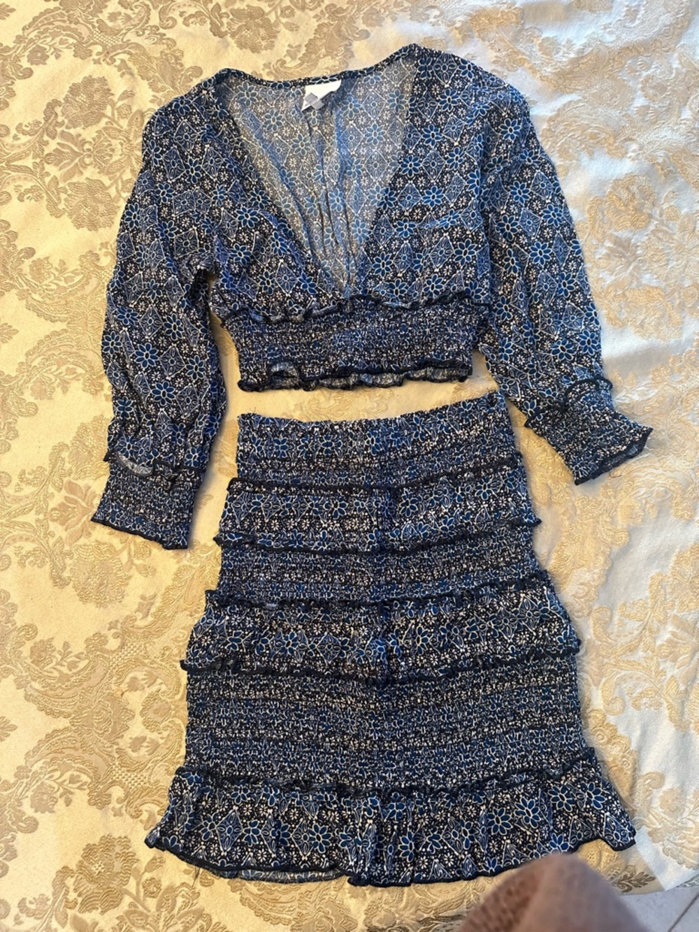 Blue Floral Smocked Mini Skirt set - Women